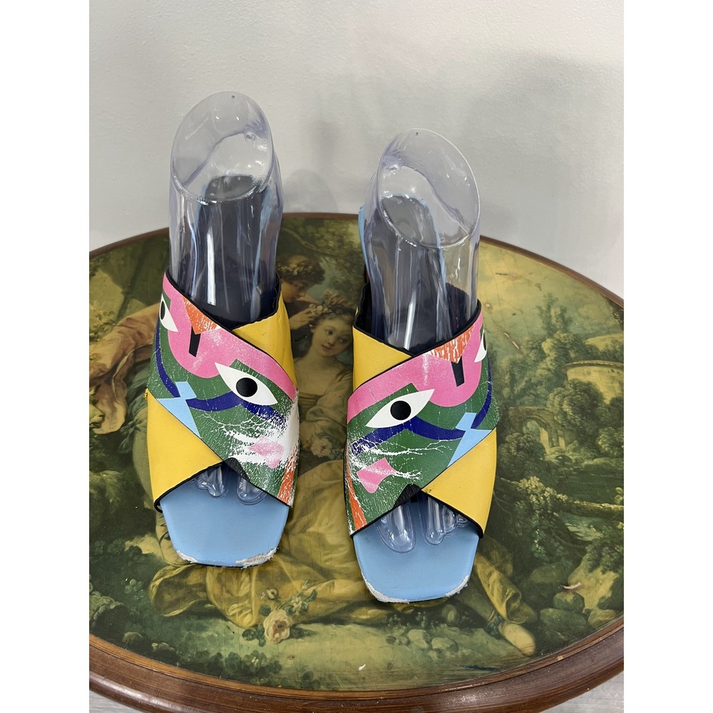 Kat Maconie Lizzie Multicolor Face Graphic Crisscross Block Heel Sandals EU 38